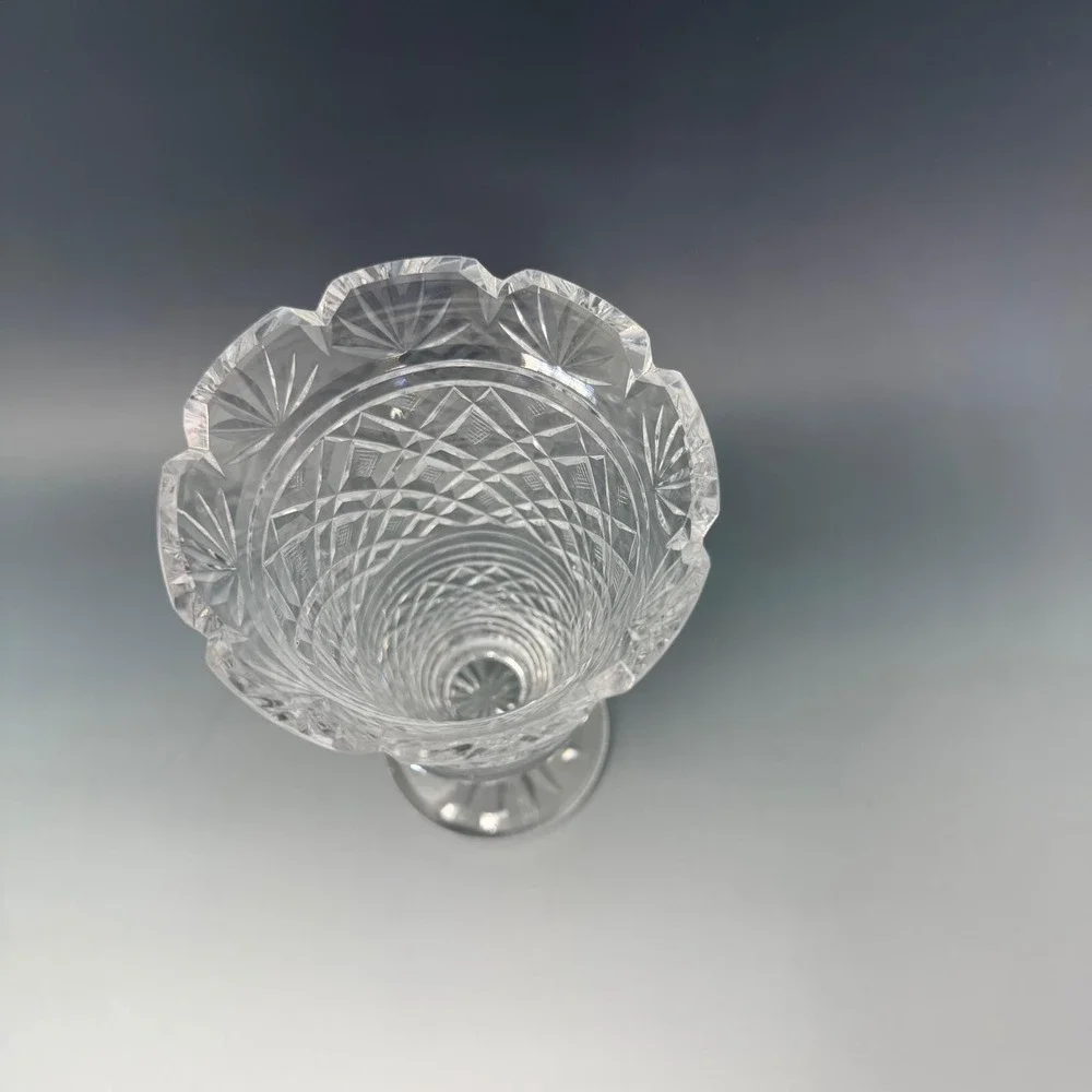 Vintage Cut Crystal Footed Vase Clear Glass Diamond Pattern Scalloped Rim 8 Inch